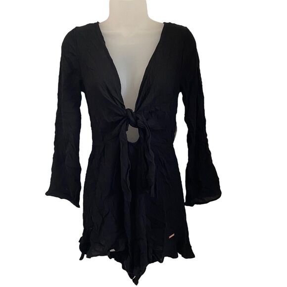 Raisins Small Romper Coverup Vneck Cutout Long Sleeve Black NWT - Picture 1 of 11